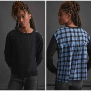 Anthropologie Pilcro Contrast Flannel Sweatshirt Black Blue Women's Size Medium